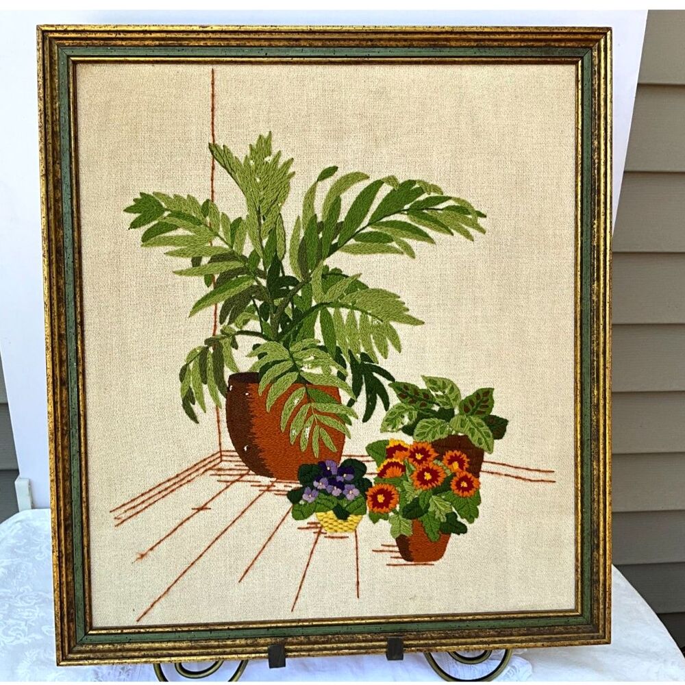 Vintage Indoor Palm Garden Crewel Embroidery framed plants; Sunset Stitchery